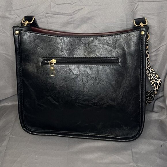 Black Crossbody Bag w/Leopard Print Strap, EUC - Picture 2 of 6